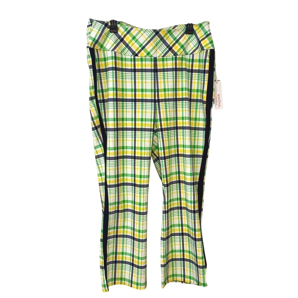 Kinona Women golf athletic pants Plaid XL NWT.‎ UPF 50. Blue yellow green white